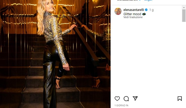 Elena Santarelli top glitter e pantaloni in pelle