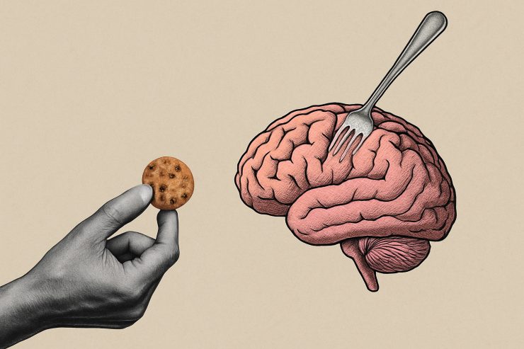 Illustrazione mano in bianco e nero che offre un biscotto ad un cervello stilizzato munito di forchetta