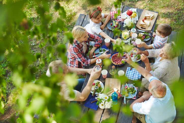 tavolata all'aperto di una famiglia in agriturismo vista dall'alto