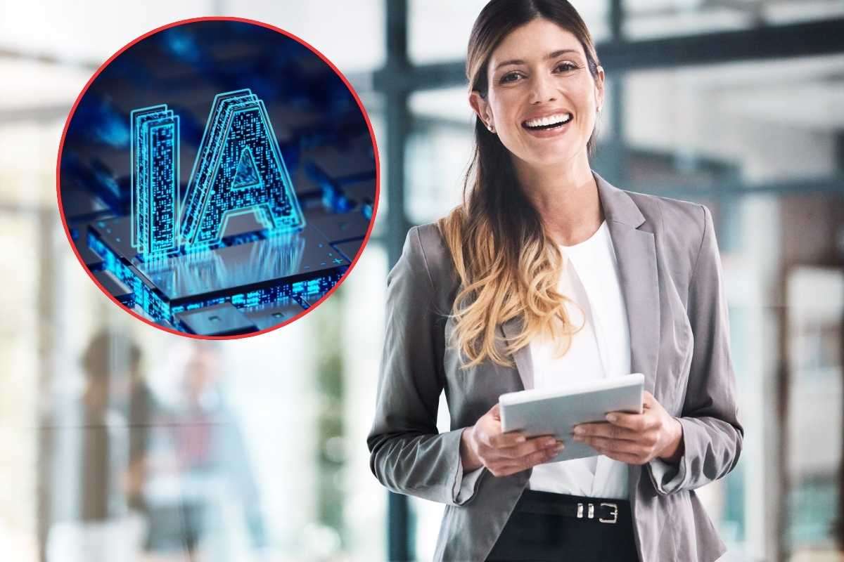 Donna con blocco, scritta IA