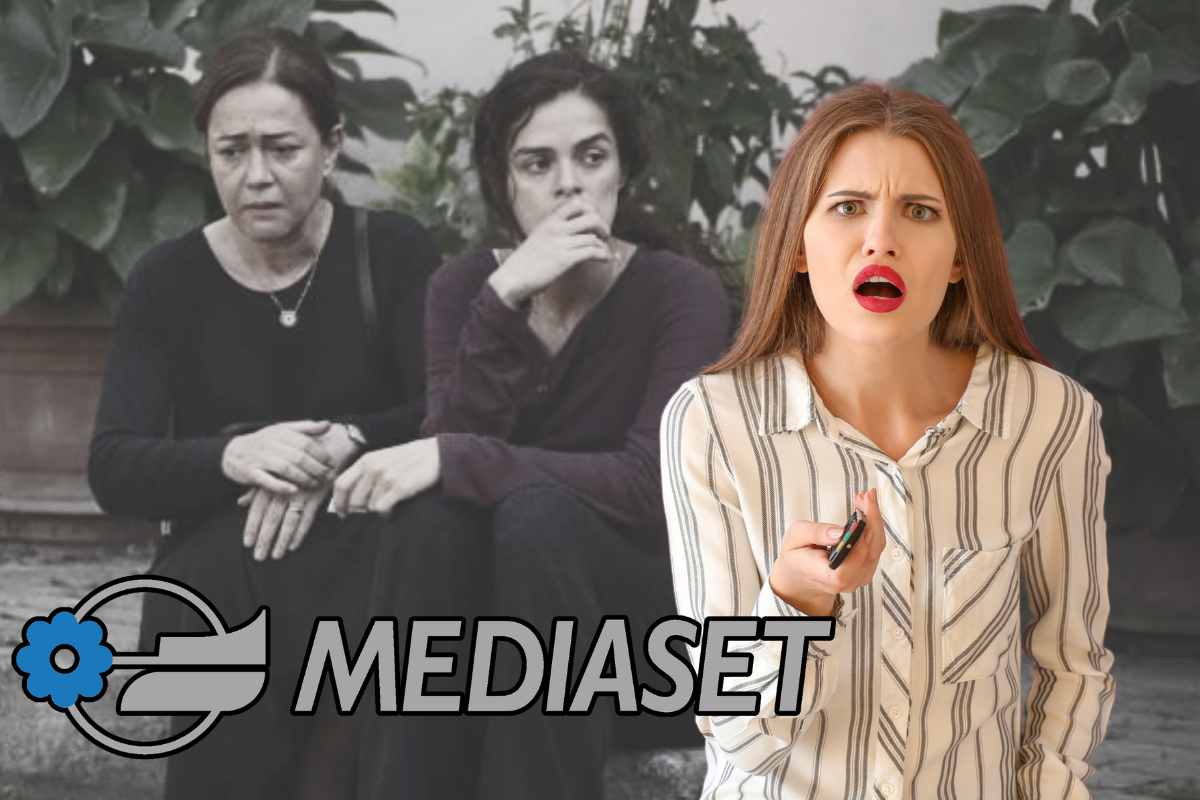 ragazza con telecomando, logo mediaset e scena La forza di una donna sullo sfondo