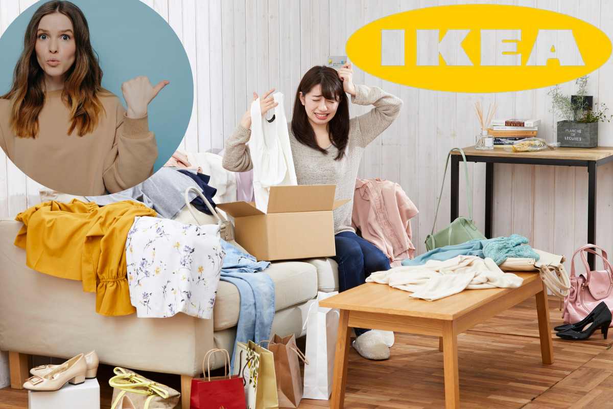 persona in casa disordinata, persona che indica, logo ikea