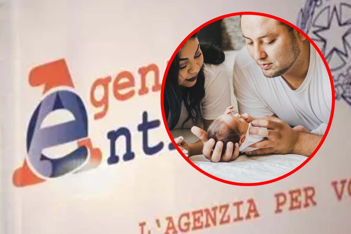 Il logo dell'Agenzia delle Entrate e, in evidenza, due genitori con un neonato