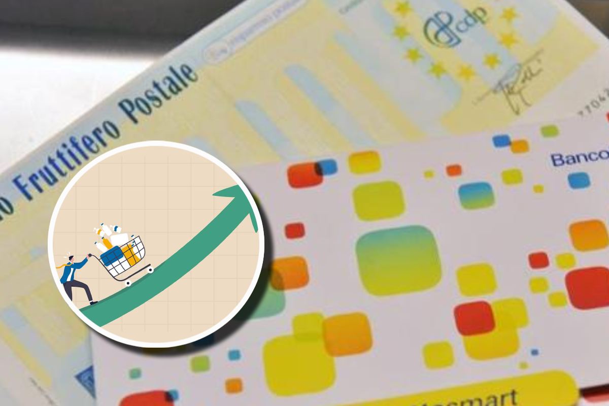 Un buono fruttifero postale e, in evidenza, un'illustrazione dell'inflazione