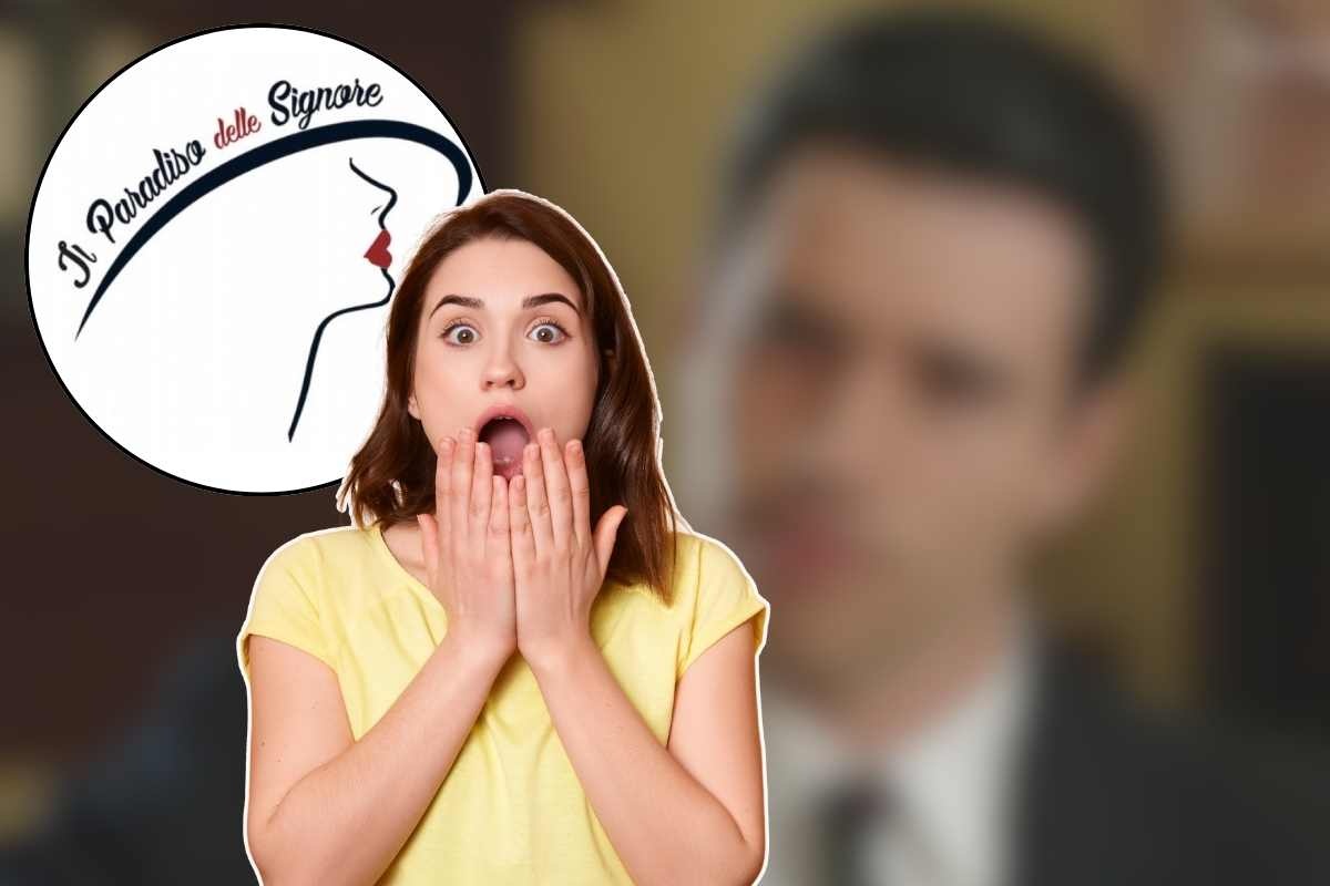 ragazza stupita in primo piano e logo il paradiso delle signore