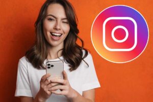 Donna con cellulare, logo Instagram