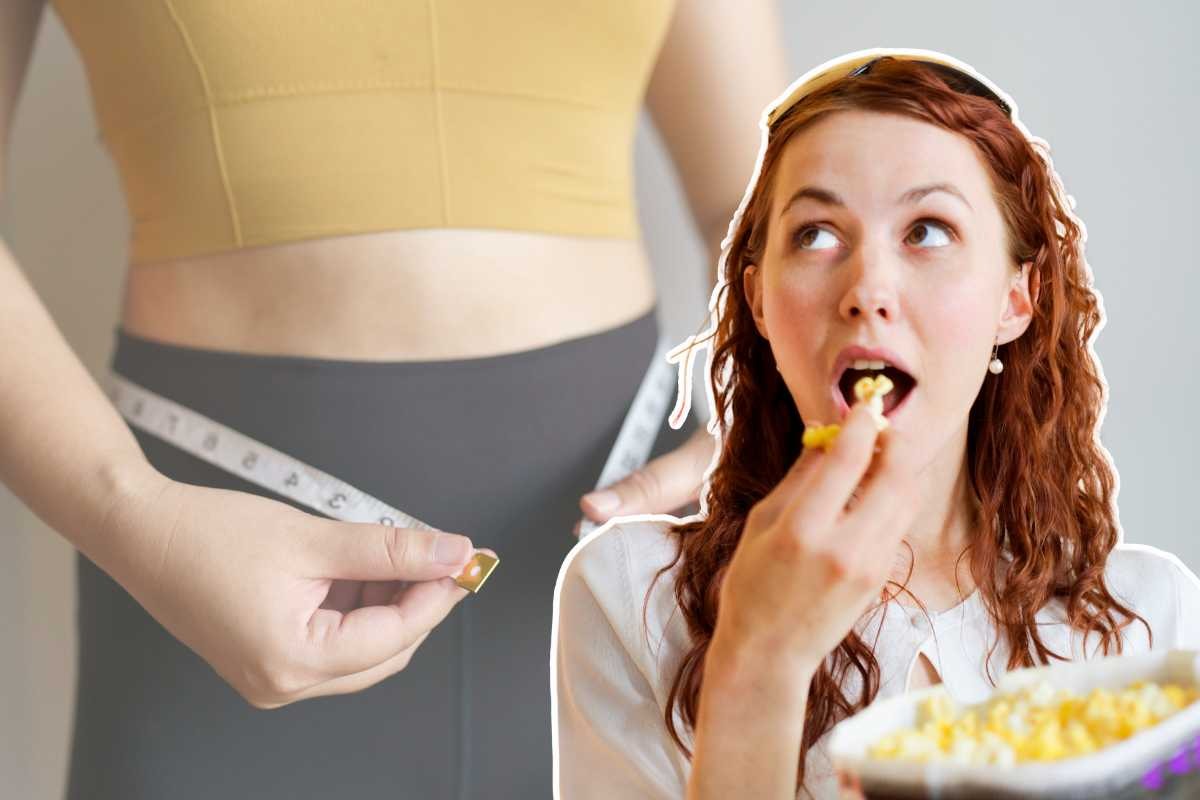 collage ragazza che mangia in primo piano e corpo di una donna sullo sfondo