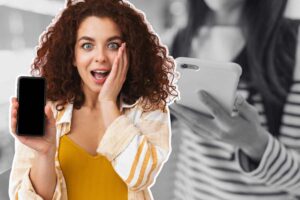 collage persona con smartphone e ragazza con cellulare