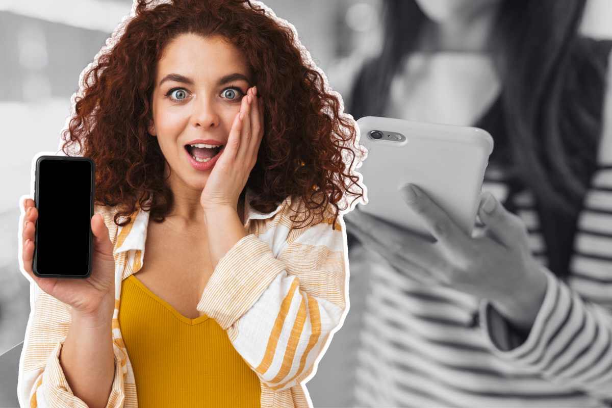collage persona con smartphone e ragazza con cellulare